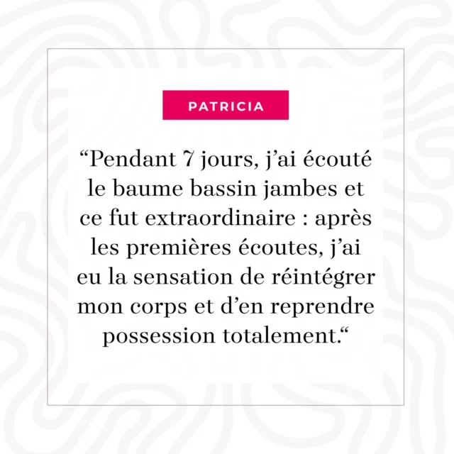 .
.
TÉMOIGNAGE de Patricia, suite à l’écoute du Baume sonore n°22 (bassin jambes) :

“Lors de l’événement ABC Talk à Lille, j’ai assisté à la conférence d’Erin et testé les baumes sonores. J’ai été bluffée par les sensations corporelles ressenties. Cela m’a donné envie de débuter cette aventure en suivant les conseils d’Erin lors d’un premier entretien téléphonique. Pendant 7 jours, j’ai donc écouté le baume bassin jambes et ce fut extraordinaire : après les premières écoutes, j’ai eu la sensation de réintégrer mon corps et d’en reprendre possession totalement.

Avec de nouveau les pieds sur terre, je me suis sentie revivre ; mes idées sont à nouveau centrées, avec des rêves qui m’ont également apporté des compréhensions. Mais j’ai surtout retrouvé une joie intense de vivre. Je prends maintenant plaisir à tout ce que je fais et tout ce que je vis. Merci Erin je continue l’aventure afin de retrouver pleinement l’être centrique que je suis pour une évolution radieuse de mon âme. Je vous conseille d’écouter les podcasts qui m’ont apporté beaucoup de compréhension de ce que nous vivons sur terre.“

👉 Vous aussi, partagez votre expérience en envoyant votre témoignage à hello@tnso.me.

Belle journée et soyez vibrants 🌺
.
.
#temoignage
#tnso
#erinkann
#baumessonores